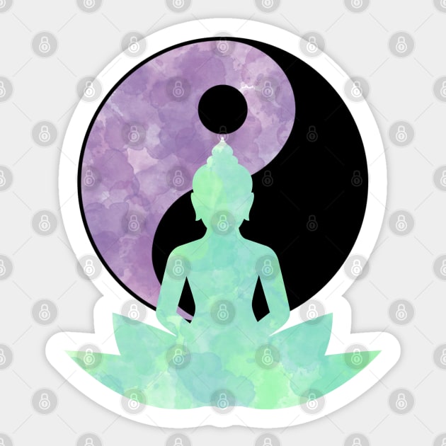 Buddha Yin Yang Lotus Flower Watercolor Green and Purple Sticker by Shirts by Jamie